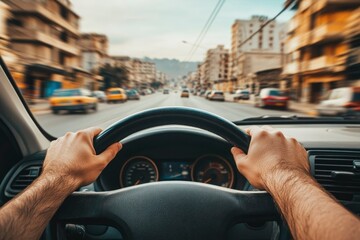 Naklejka premium A Driver's Perspective of a Cityscape in Motion