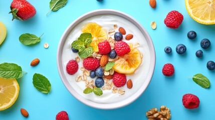Healthy Yogurt Bowl with Fresh Fruits and Nuts on a Blue Background