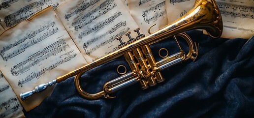 A brass trumpet resting on sheet music, symbolizing musical artistry.