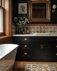 modern farmhouse style dark blue bathroom interior with white ceramic  sink with stand alone bathtub