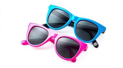 Two sunglasses, one pink and one blue, are displayed on a white background