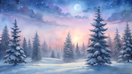 Snow-covered pine trees in a serene winter landscape during sunset