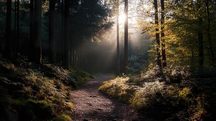 Obraz premium A forest path is illuminated by the sun, creating a peaceful