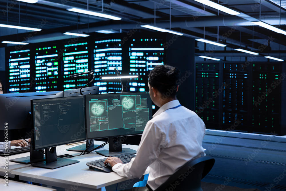 Poster system administrator using computer in server room to support global connections using their hardwar