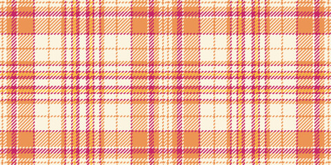 Colour check seamless fabric, window background textile texture. Rich tartan vector plaid pattern in cornsilk and orange colors.