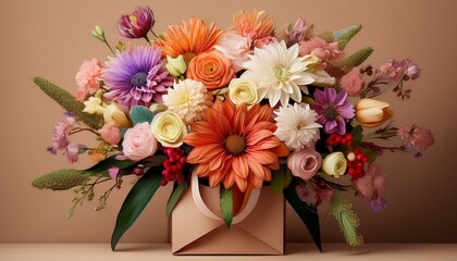 Realistic flower bouquet on beige background.