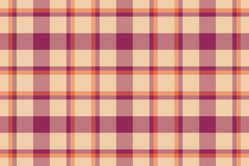 Periodic texture seamless textile, plank check background plaid. Merry fabric vector pattern tartan in orange and pink colors.