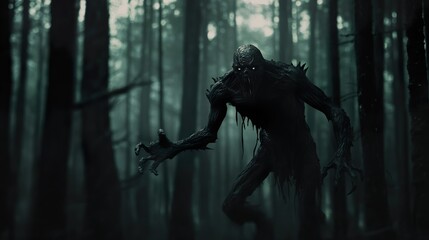 Naklejka premium A creepy monster is walking through a dark forest