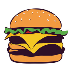 Hand drawn 2D vector illustration of a burger with vegetables and meat