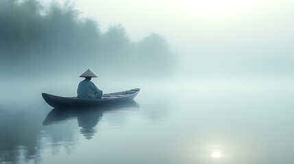A lone figure in a small boat rows through a serene, misty lake at sunrise.