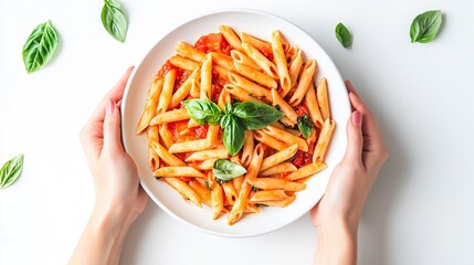 A person is holding a plate of pasta with a lot of sauce and basil