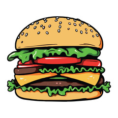 Hand drawn 2D vector illustration of a burger with vegetables and meat