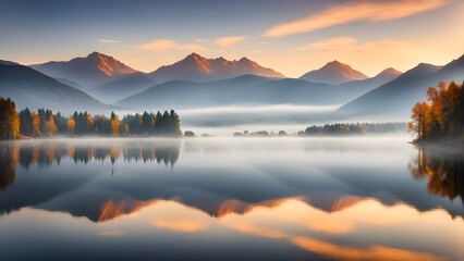 Fototapeta premium A tranquil mountain lake at sunrise, with fog reflecting on the still water and a vibrant sky in the background.