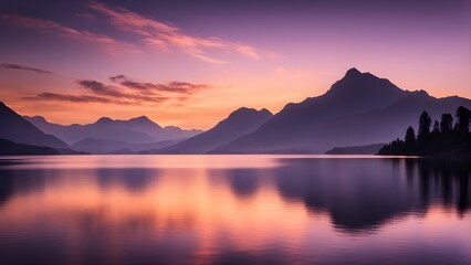 Fototapeta premium A serene and tranquil scene of a lake reflecting the vibrant colors of a sunset over a mountain range, casting long shadows across the water.
