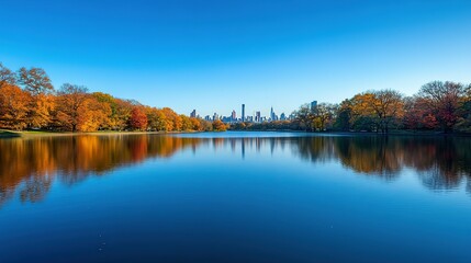 Obraz premium Fall Foliage Reflected in a Still Lake with a City Skyline in the Distance