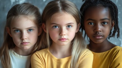 Obraz premium Three young girls are standing in a row, all wearing yellow shirts