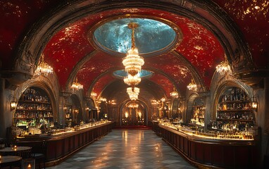 Fototapeta premium Luxurious interior of a bar with a high vaulted ceiling, ornate chandeliers, and a long bar lined with bottles.