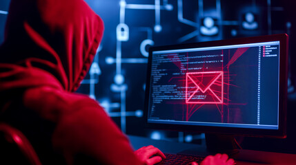 A person in hoodie is working on computer, with screen displaying phishing email alert. background features digital security icons, emphasizing theme of cyber threats and online safety