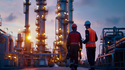 Engineers in uniform walk and hold tablet, checking operations at refinery during sunset. scene captures collaboration and dedication of professionals in industrial sector