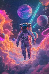 Astronaut in vibrant space with colorful planets and nebulas