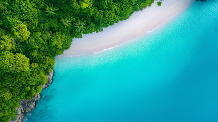 Aerial view of a pristine tropical beach with turquoise waters and dense green forests, island paradise with soft sunlight, calm coastal scene