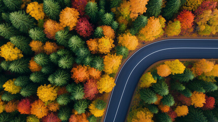 Winding road through vibrant autumn trees, aerial view of a forest in peak fall colors, golden hues, serene and peaceful fall setting
