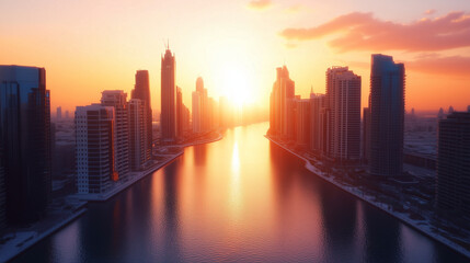 Obraz premium Aerial view of skyscrapers and waterways during a vibrant sunset, golden light reflecting off modern buildings, peaceful urban scene