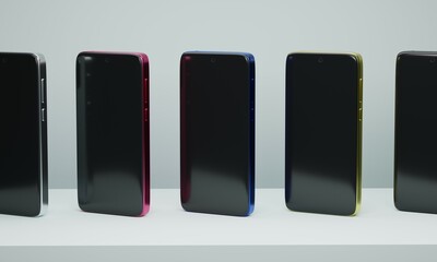 Store showcase with modern mobile phones of different colors. 3d rendering     