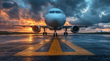 Airplane taxiing on runway at airport with yellow line. 