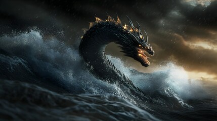 Colossal Mythical Serpent Rises from Tumultuous Oceanic Depths