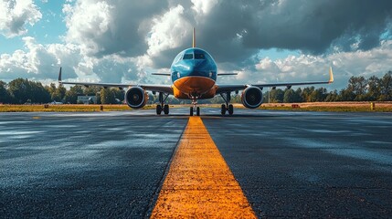 Airplane taxiing on runway at airport with yellow line. 