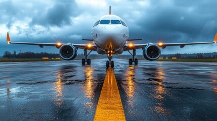 Airplane taxiing on runway at airport with yellow line. 