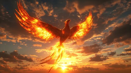 Majestic Fiery Phoenix Soaring Through Dramatic Sunset Sky