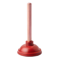 A clean, red toilet plunger standing upright on a white background. Transparent or white isolated background.