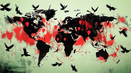 world map with birds and butterfly. virus spread concept