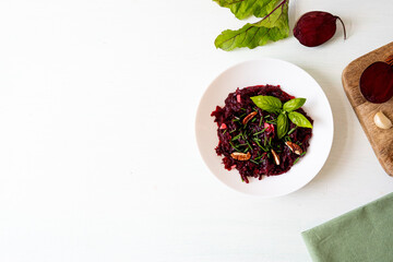 Beet salad with pecans. Beet salad top view