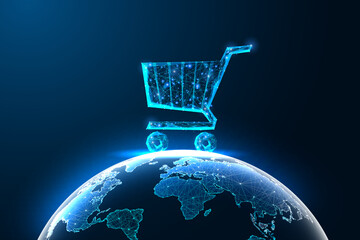 Global market, worldwide commerce, e-commerce, international trade concept. Shopping cart on Earth 