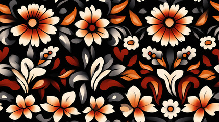 Fototapeta premium Bold geometric floral border in black, red, and orange, traditional pattern with detailed flowers and shapes, elegant and striking design, seamless pattern