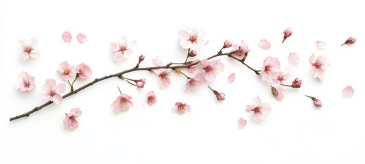 Fototapeta premium A single cherry blossom branch, adorned with soft pink flowers in full bloom