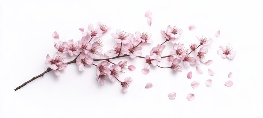 Fototapeta premium A single cherry blossom branch, adorned with soft pink flowers in full bloom