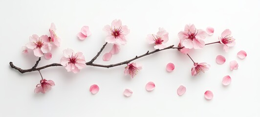 Fototapeta premium A single cherry blossom branch, adorned with soft pink flowers in full bloom