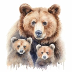 Watercolor Illustration of a Bear Family with Two Cute Cubs in Naturalistic Detail