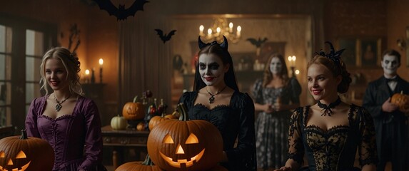 Halloween Party with Gothic Costumes, Jack-o'-Lanterns, and Festive Atmosphere - Group of People in Spooky Indoor Setting