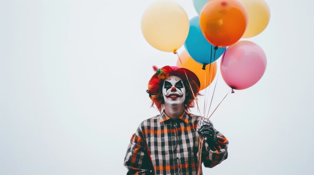 Spooky clown is holding a bunch of colorful balloons