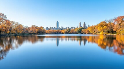 Autumnal Reflection of Cityscape over Still Lake