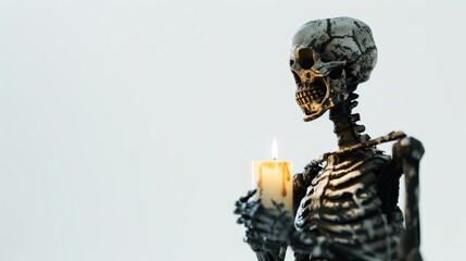 Skeleton holding a lit candle on white background