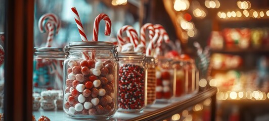 A sweet shop window display, with old-fashioned candy jars, vintage candy canes, and classic treats
