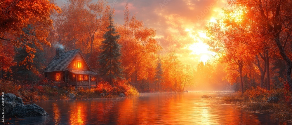 Poster Cozy Cabin nestled in Autumnal Forest with Sunlit River