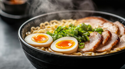 a close-up image of a bowl of steaming ramen noodles, placed on a dark slate table background