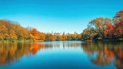 Autumnal Reflections on a Serene Lake with a City Skyline in the Distance
